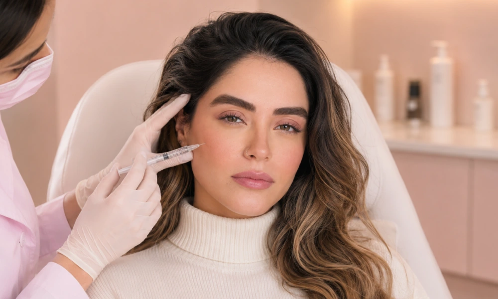 دکتر در حال تزریق مزوژل به گونه مدل خانم