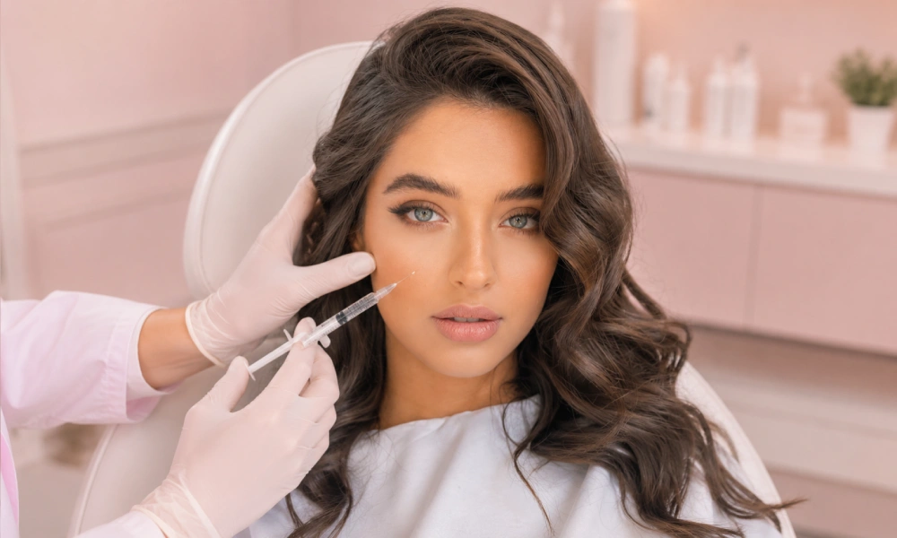 دختری جوان در کلینیک در حال تزریق مزوژل