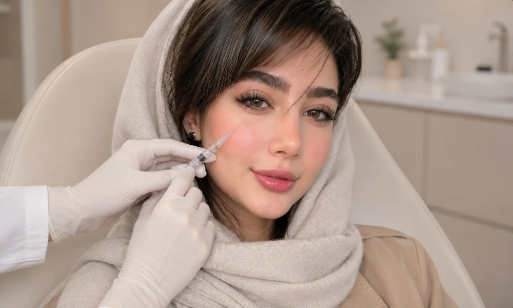 تزریق مزوژل زیر چشم برای دختر جوان که روی تخت دراز کشیده است