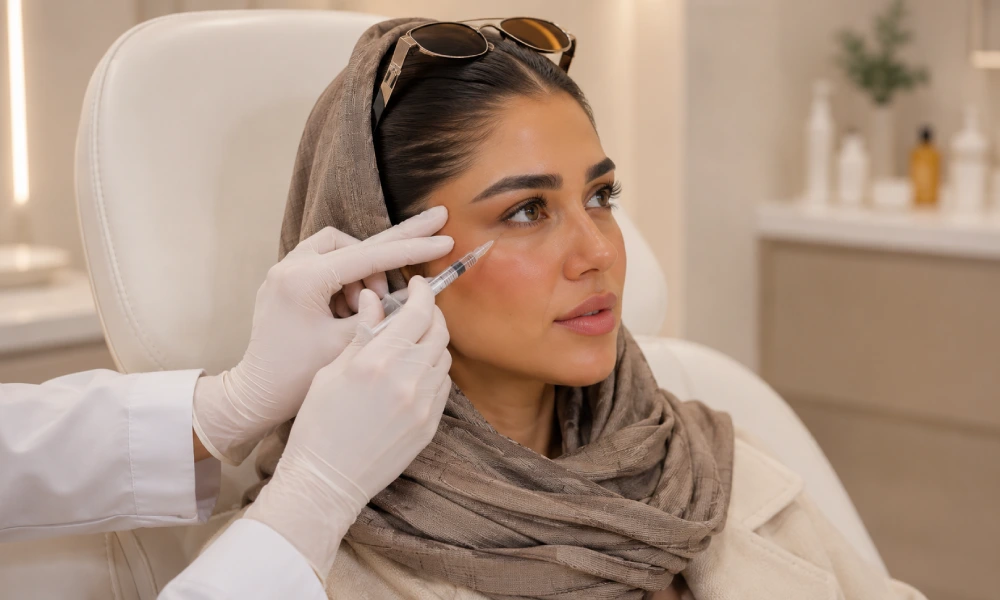 از بین بردن تیرگی زیر چشم یک خانم با تزریق مزوژل زیر چشم 