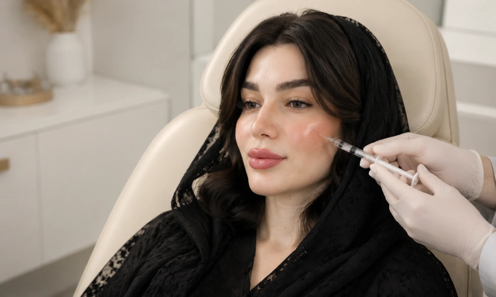 تزریق فیلر به گونه های خانمی در مرکز زیبایی