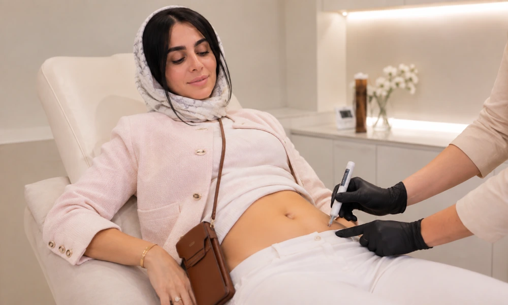 خانمی که درحال تزریق آمپول اسپارتینا به شکمش است